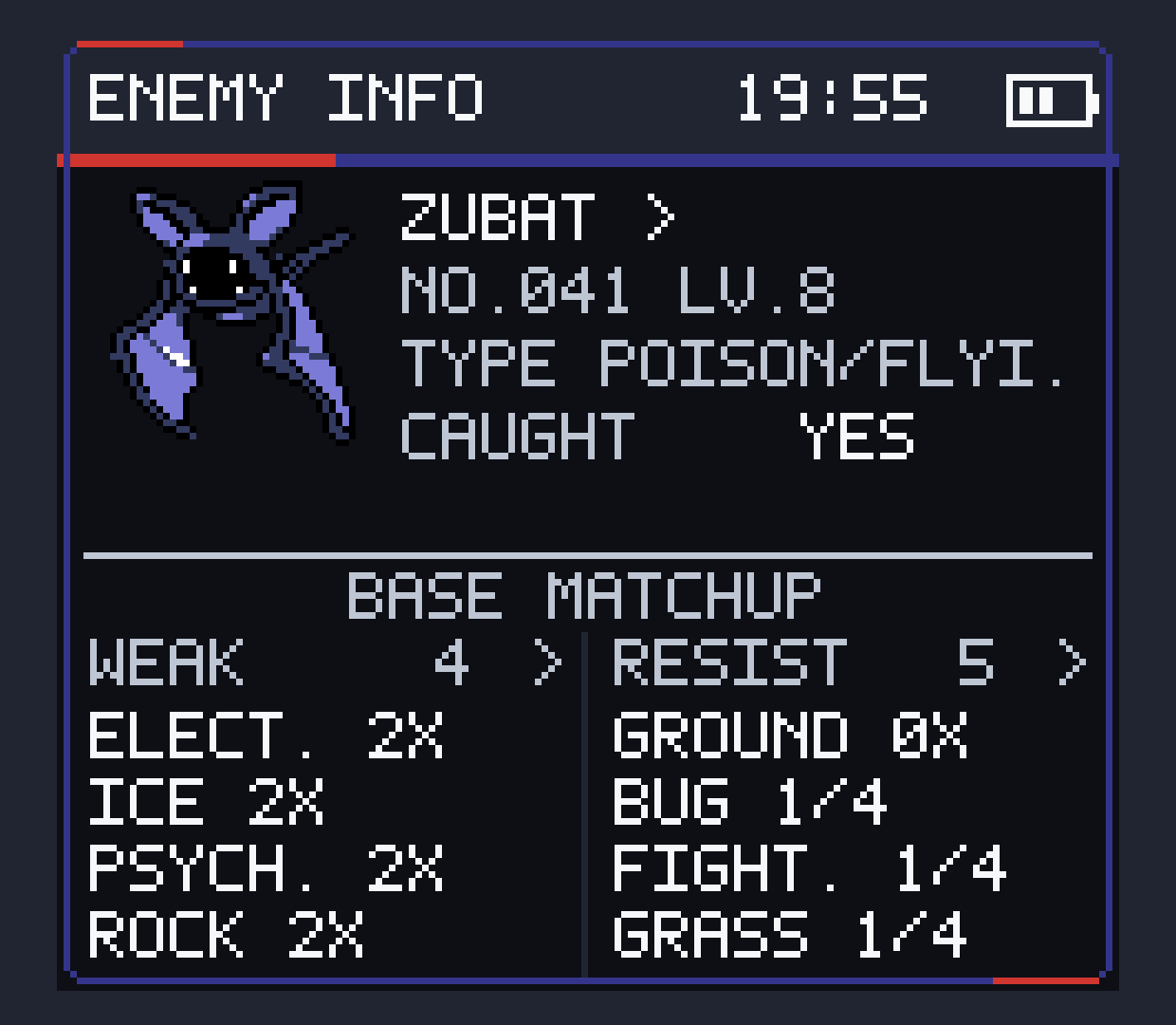 Kanto Gear Enemy Info showing known opponent data and type matchups