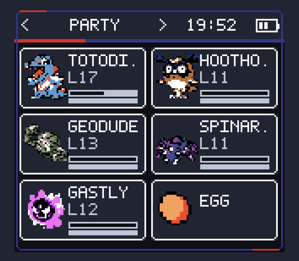 Kanto Gear party screen with native-color Pokémon and a correctly hidden Egg